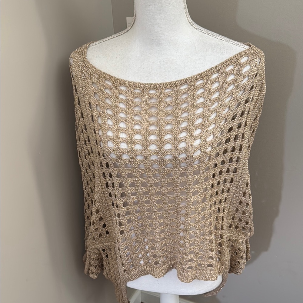 Ice Cube NWT Made In Italy open crocheted gold metallic overlay boho top/poncho